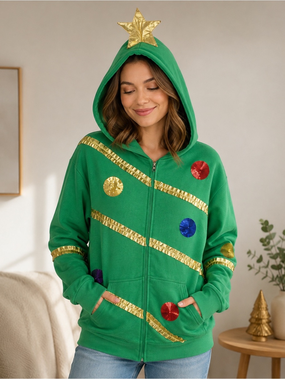 MAD Engine Christmas Tree Hoodie Women’s M Green Sequin Ornament